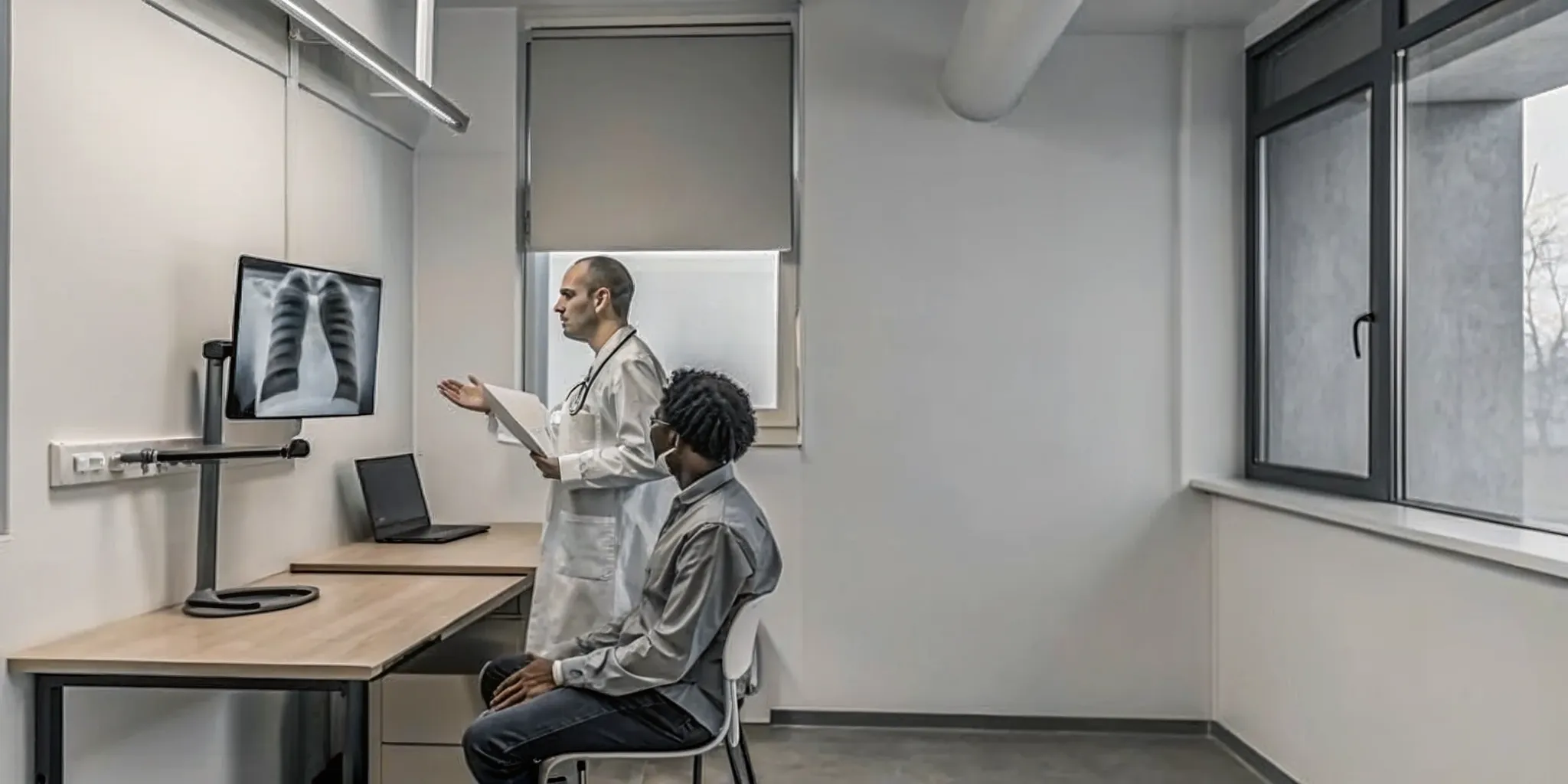 Doctor reviews a chest X-ray with a patient during an asbestos physical exam near me.