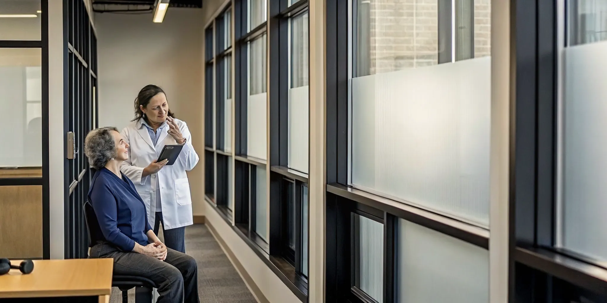 Doctor checks a patient's breathing during an asbestos physical exam.