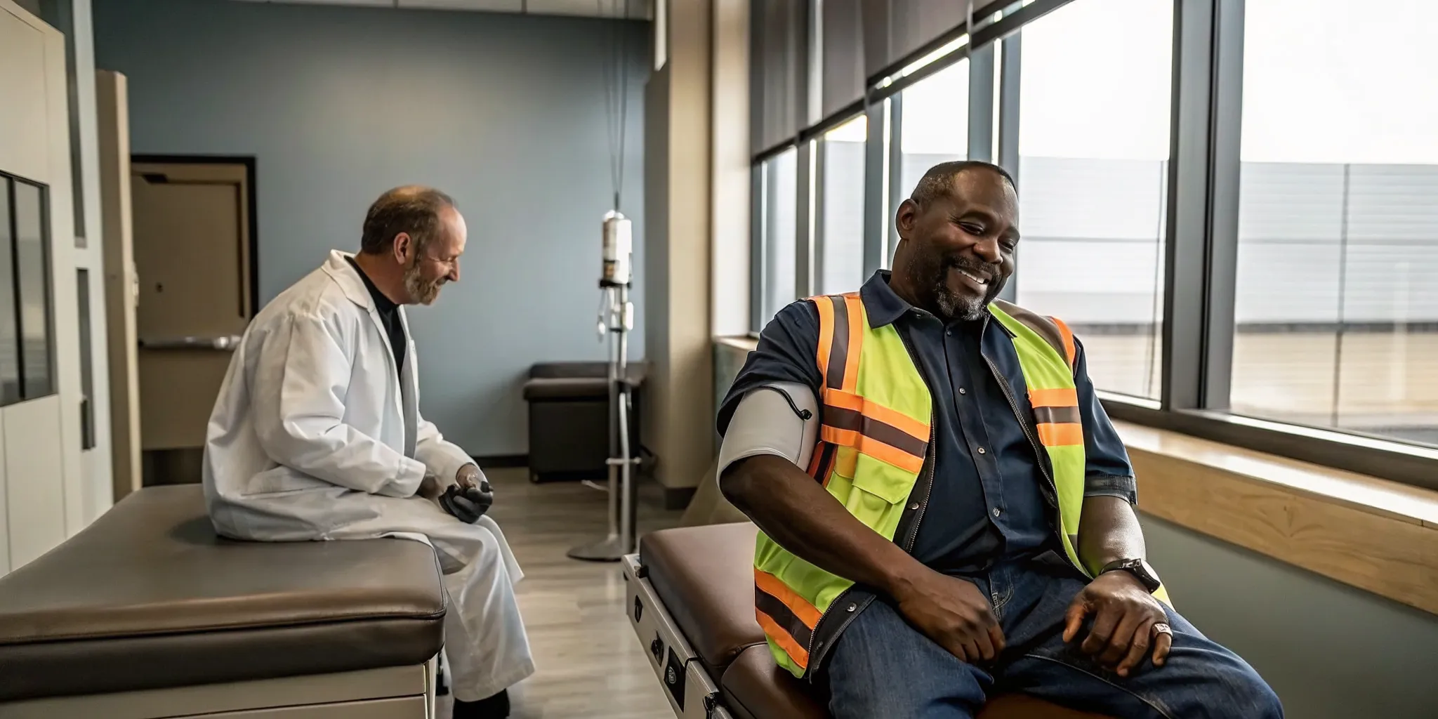 Doctor checking a truck driver's blood pressure for a CDL medical exam.