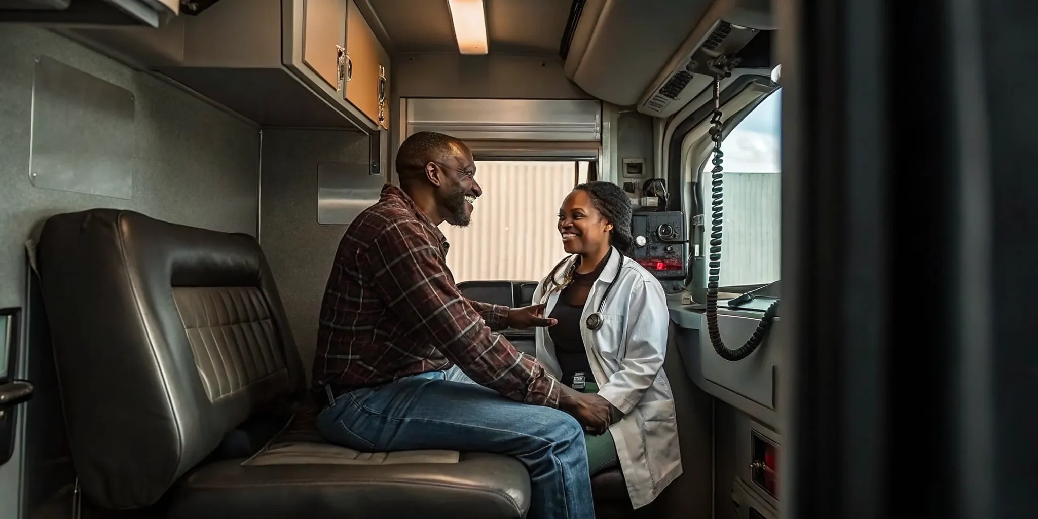 Truck driver talking with a doctor during a DOT physical exam at a medical clinic