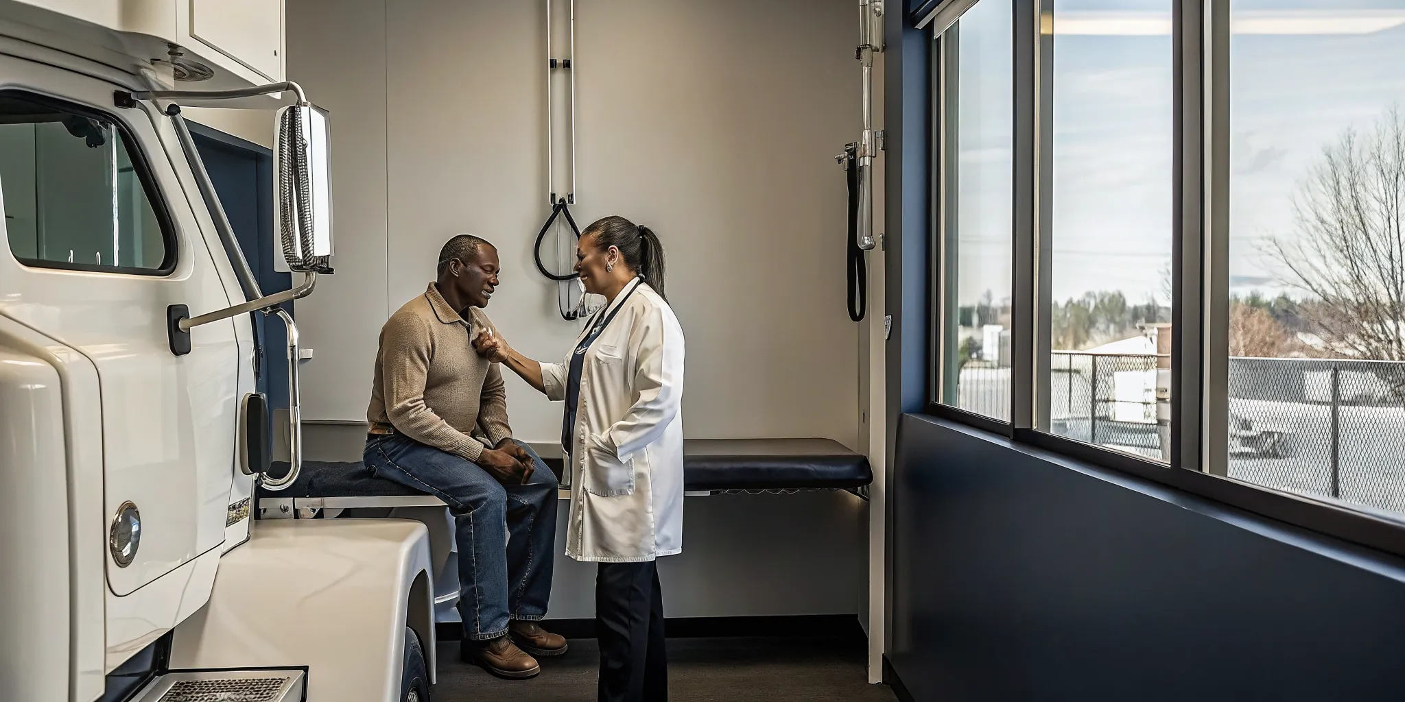 A doctor performs a CDL physical exam on a patient at a local clinic.