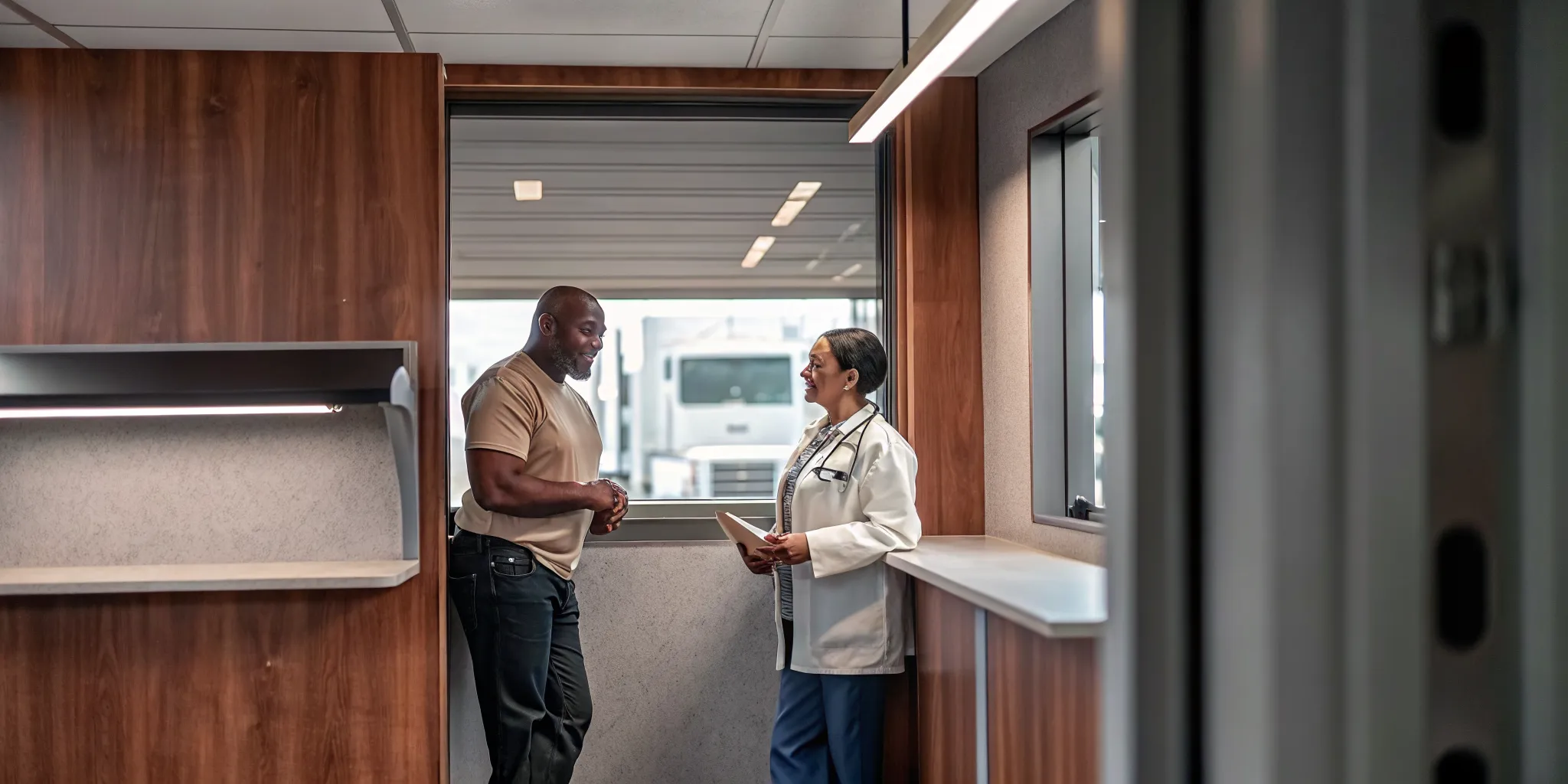 CDL truck driver consulting with a medical professional during a DOT physical exam in a modern medical office