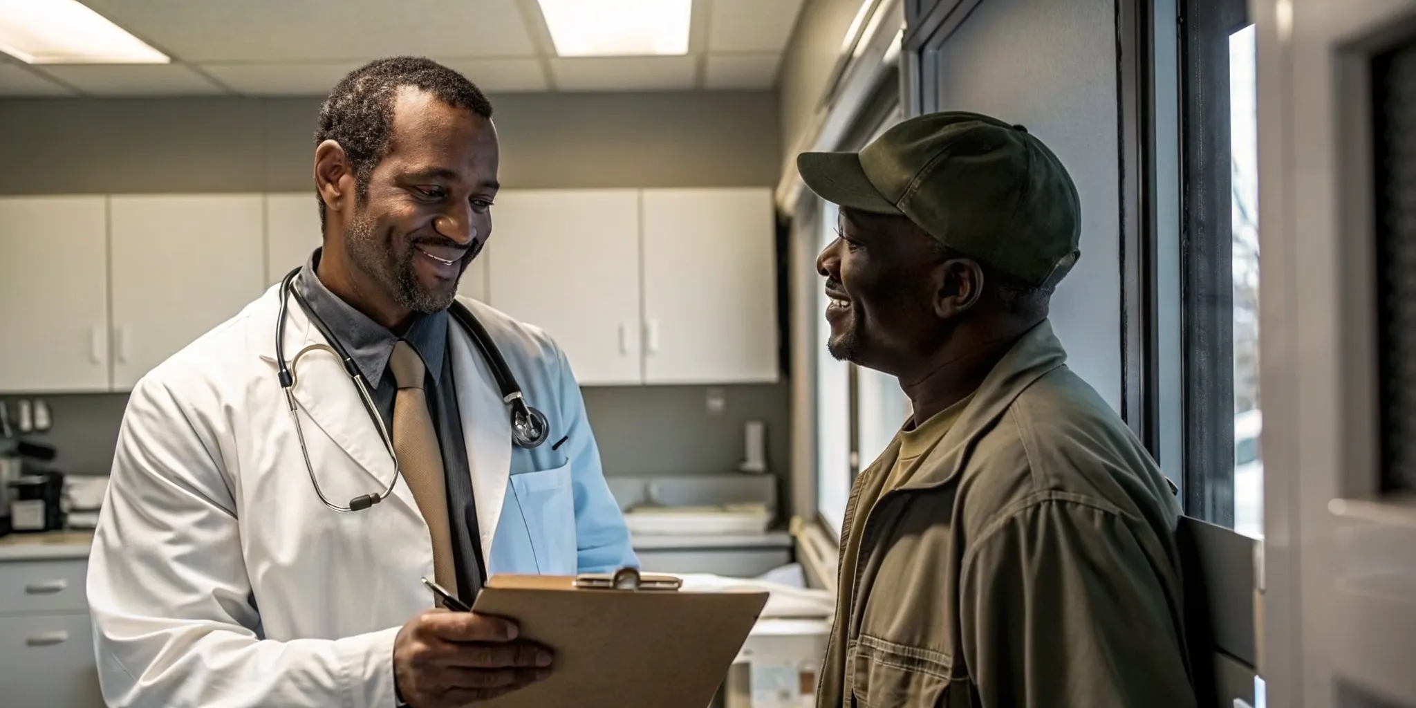 Certified medical examiner reviewing a commercial driver's health during a DOT physical exam at Medaphysical in Tampa