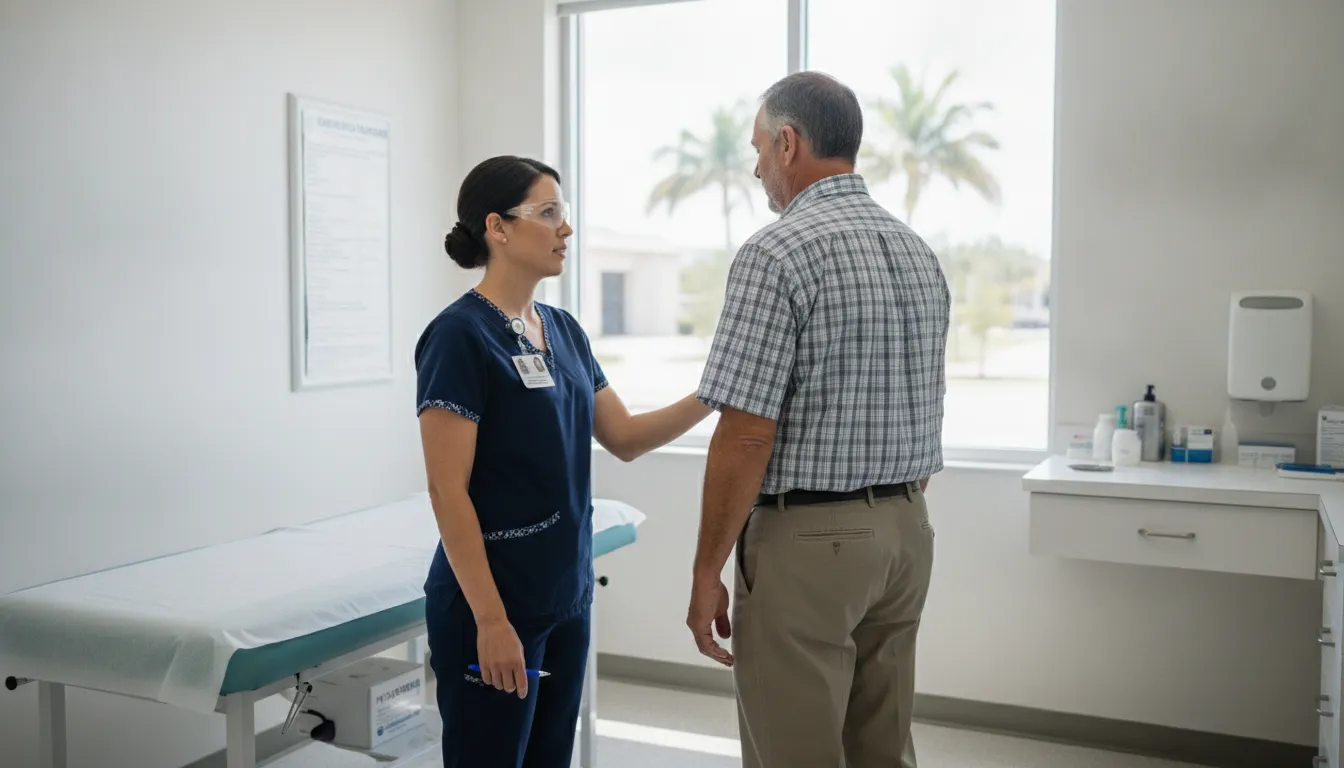Clinician conducting a DOT physical examination with a commercial driver in a Tampa Bay medical office
