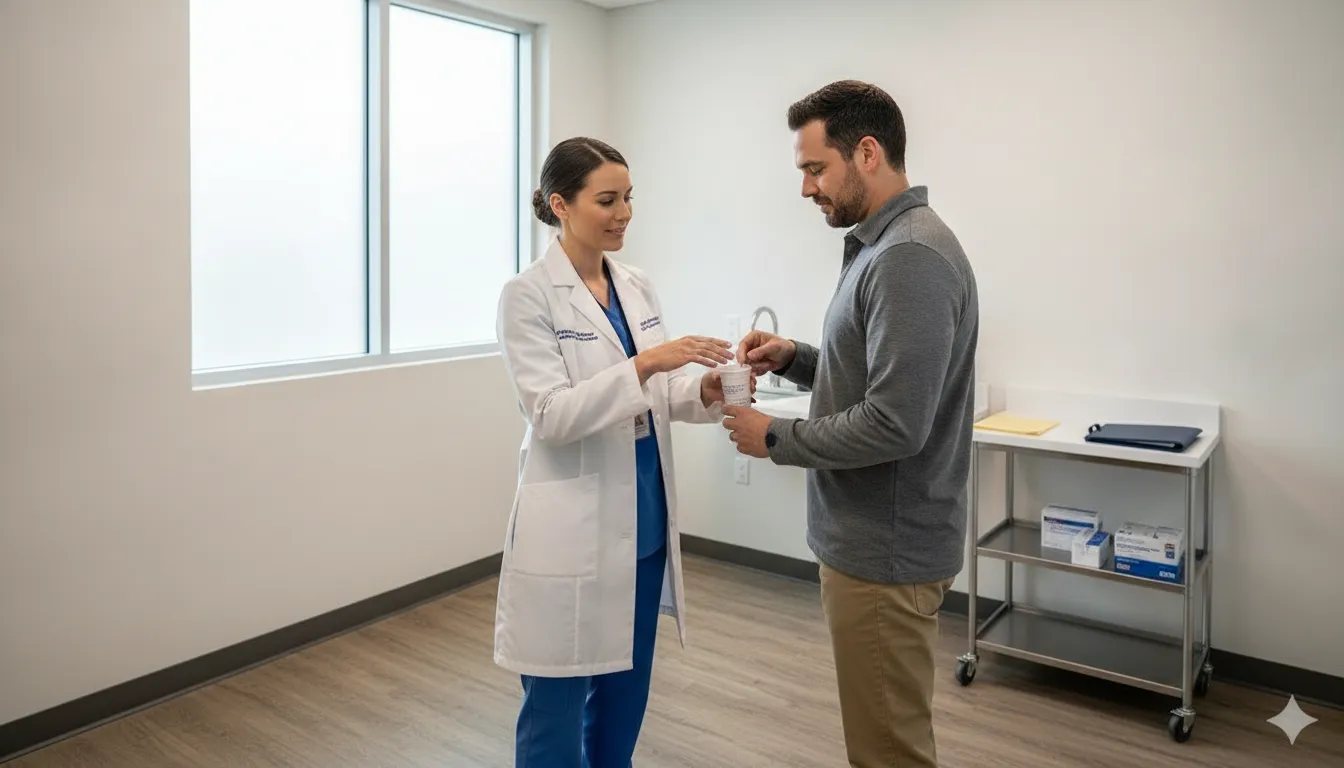 Healthcare professional guiding a patient through confidential drug testing in a Tampa clinic