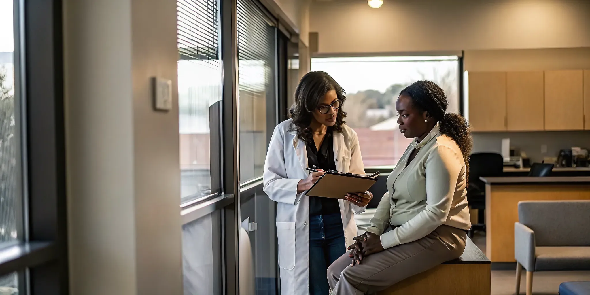 A physician and HR professional reviewing an employer-specific physical exam protocol in a Tampa occupational medicine clinic