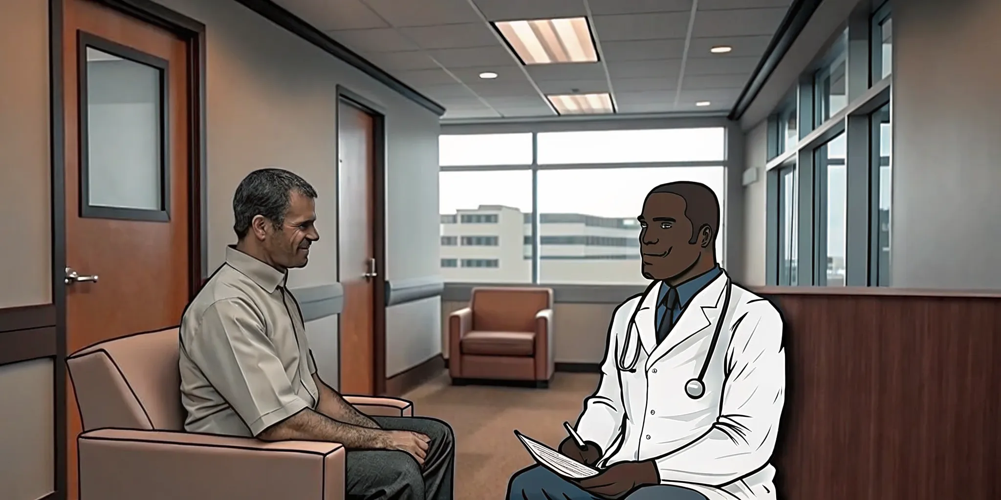 A CDL truck driver consulting with a doctor in a Tampa medical office about a failed DOT physical.