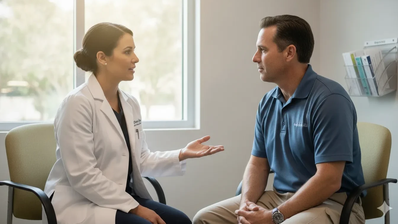 Occupational medicine clinician discussing a work-related physical exam with a worker in Tampa Bay