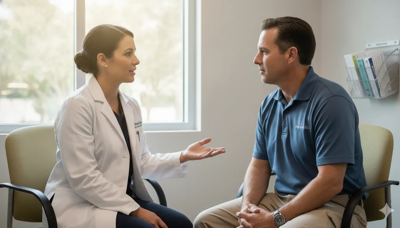 Occupational medicine clinician discussing a work-related physical exam with a worker in Tampa Bay
