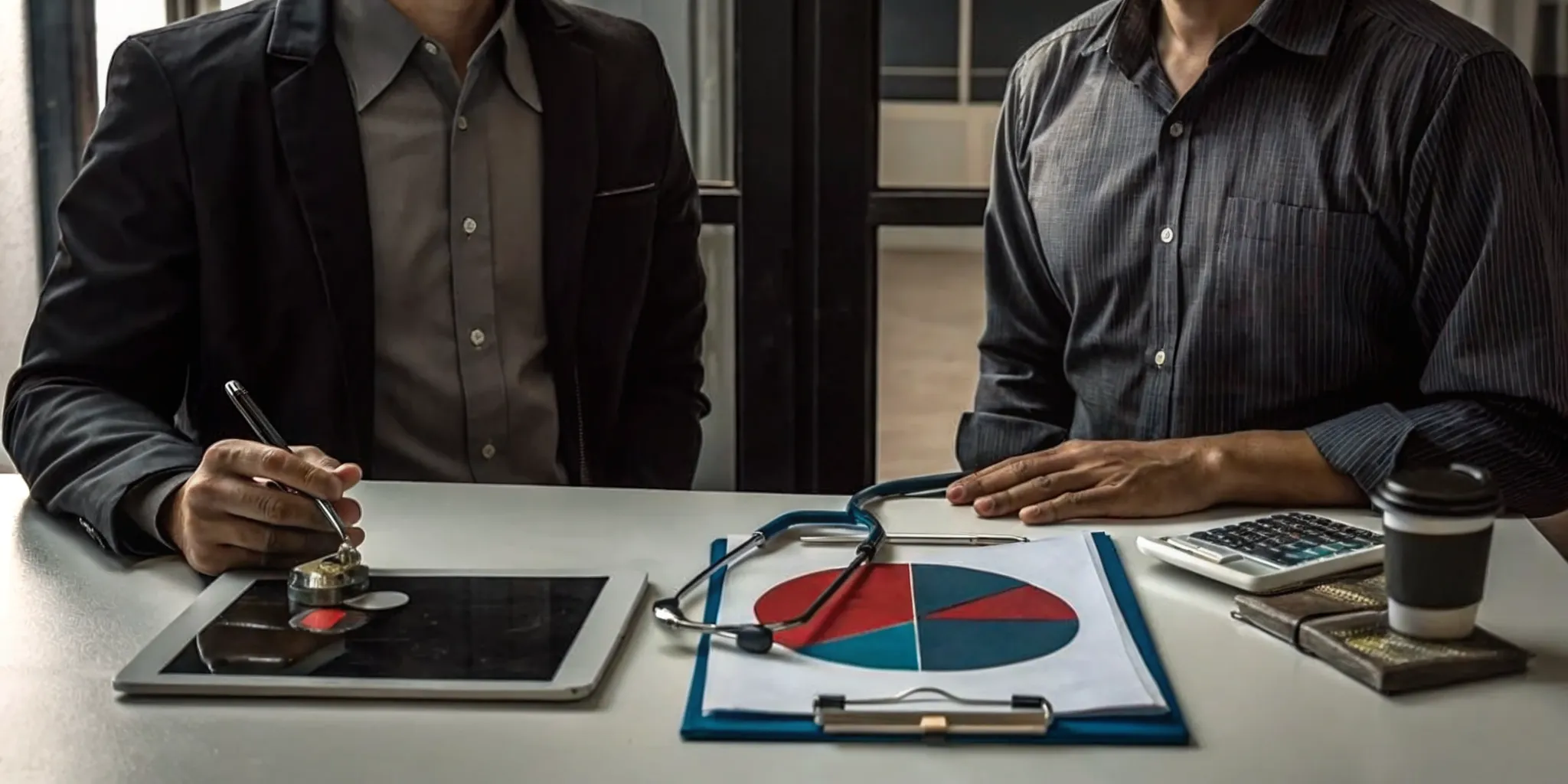 Two men at a desk calculating how much a DOT physical costs.