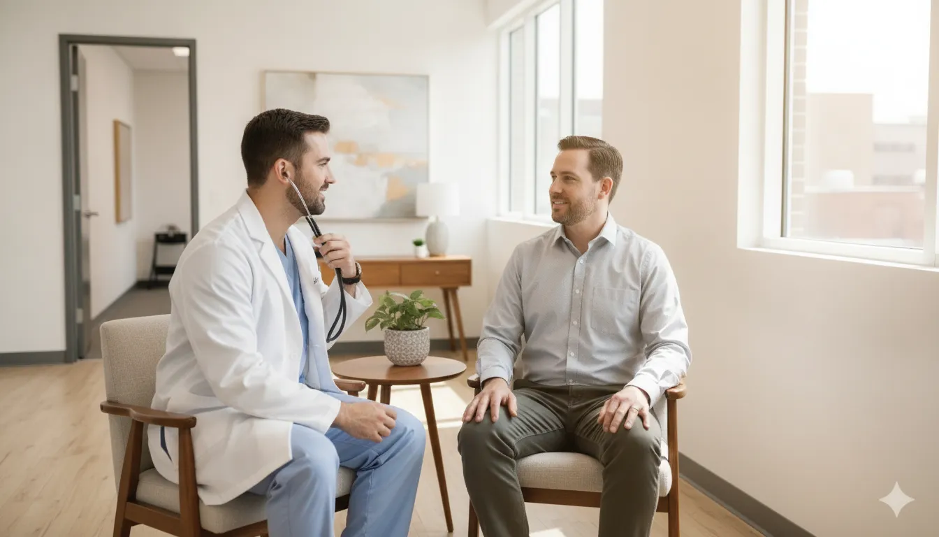 Truck driver having a DOT physical wellness check with a clinician at an occupational medicine clinic