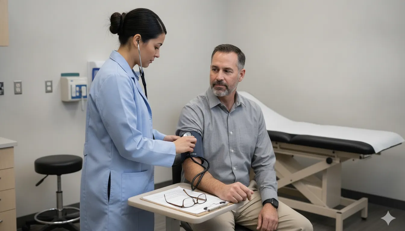 Occupational medicine physician checking a commercial truck driver's blood pressure during a DOT physical exam