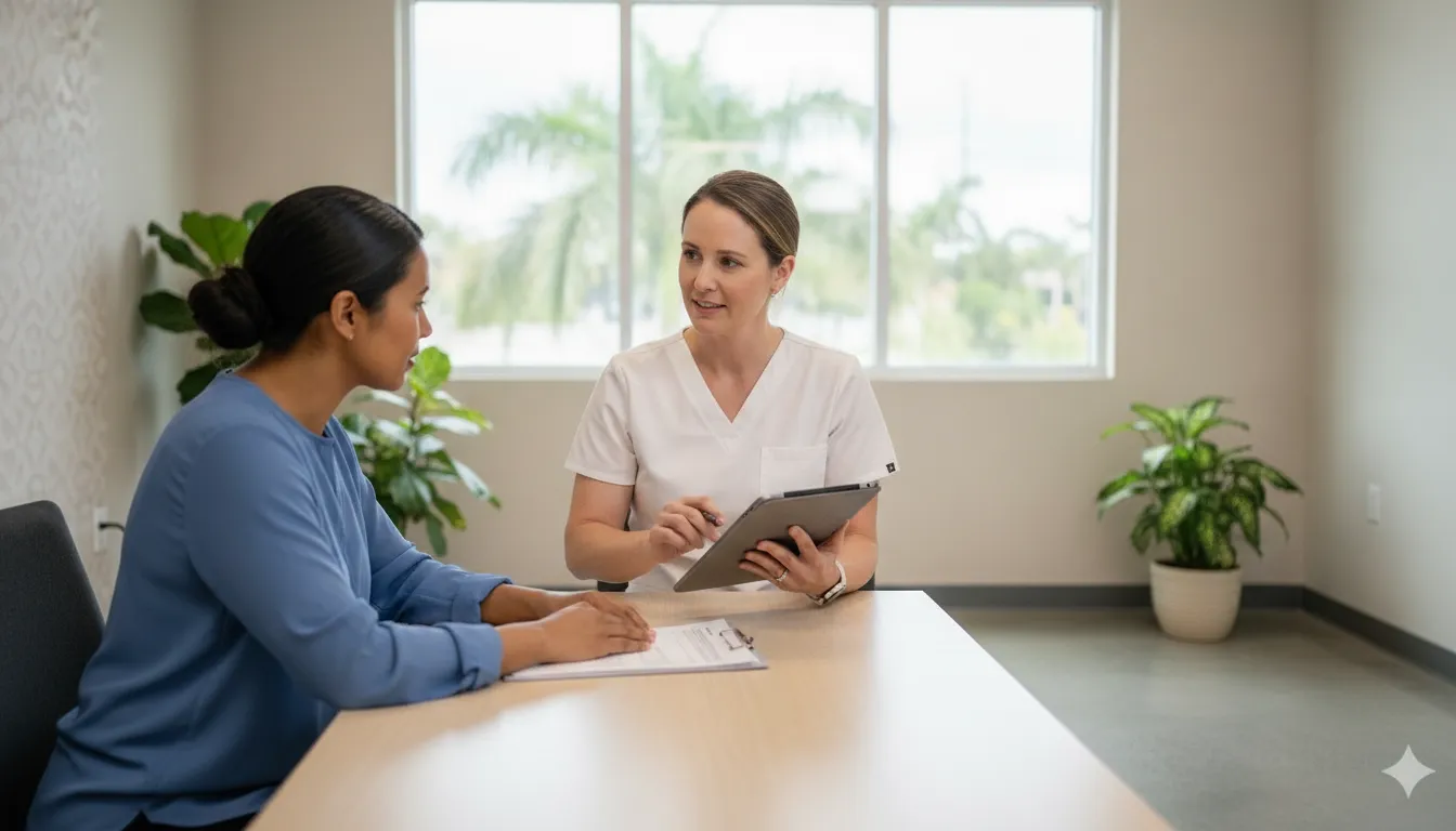 Applicant discussing an immigration medical exam with a healthcare professional in a Tampa Bay clinic