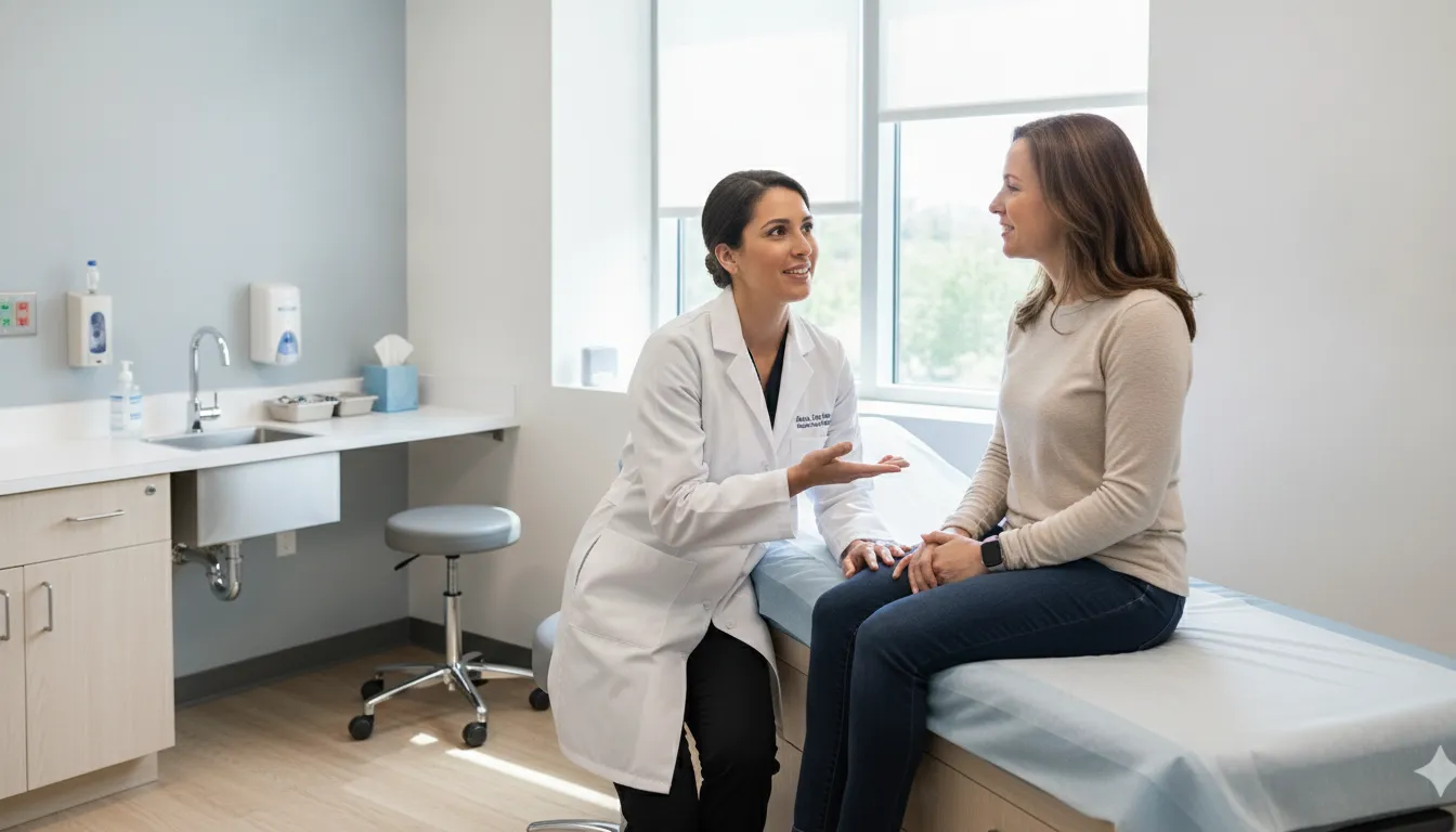 Friendly physician in a medical office preparing to see a patient for a USCIS immigration medical exam