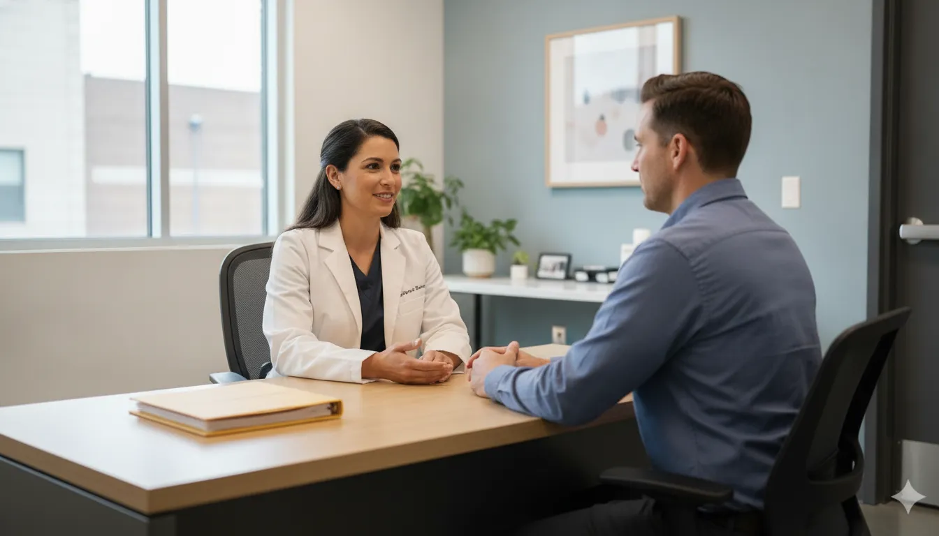 Physician speaking with an adult patient during an immigration medical exam consultation in a modern medical office