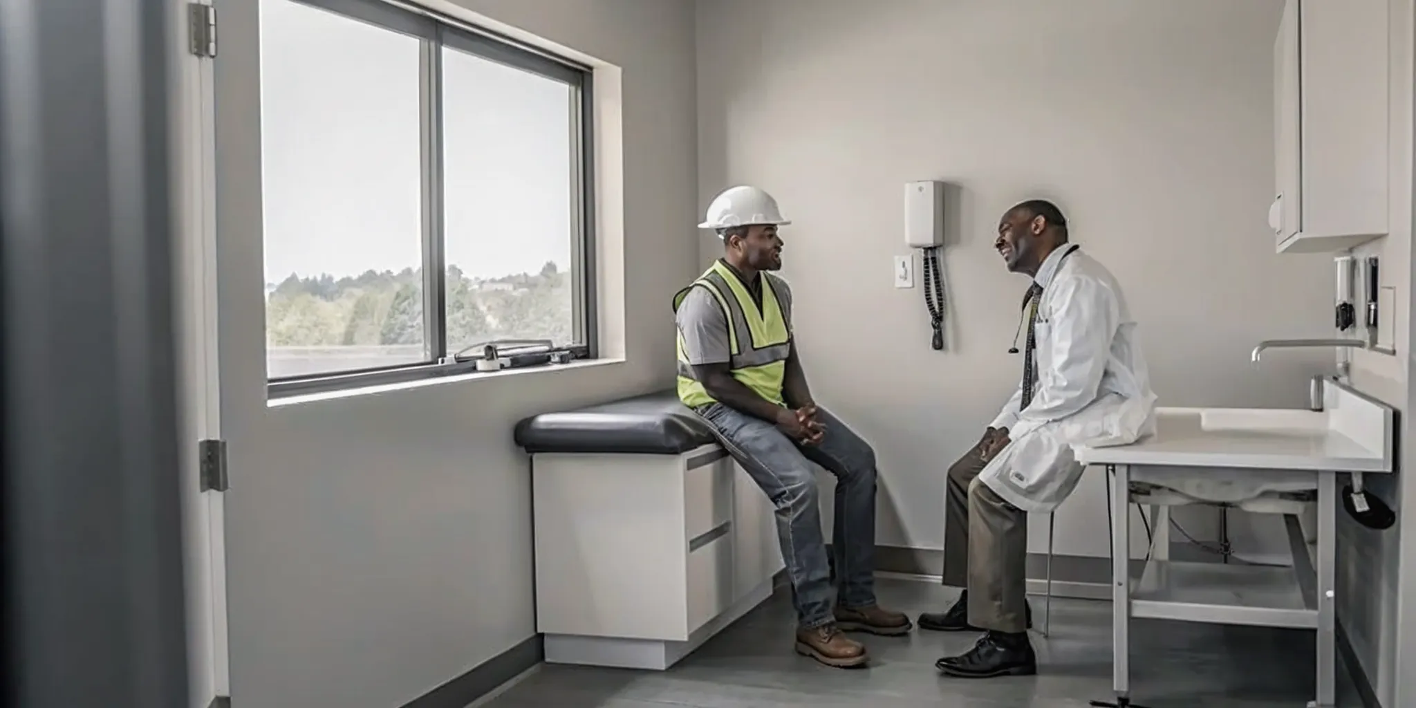 Construction worker in safety vest sitting in a medical exam room speaking with a doctor during an occupational health physical