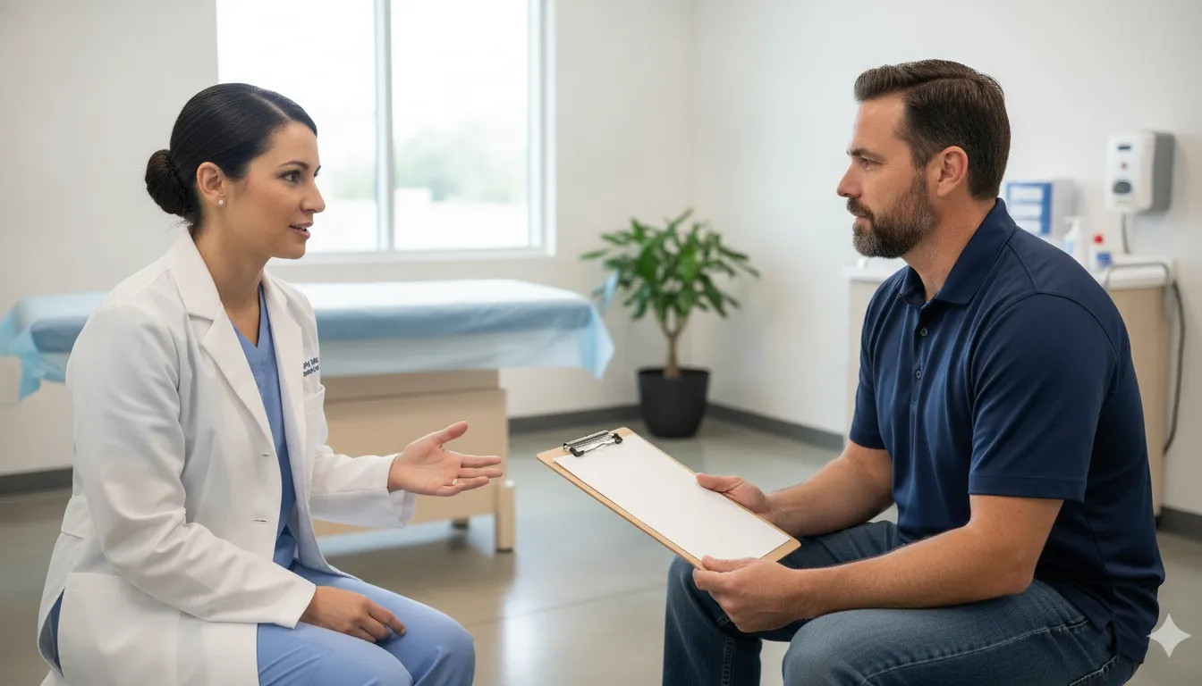 Commercial driver speaking with an occupational medicine clinician in a Tampa Bay clinic