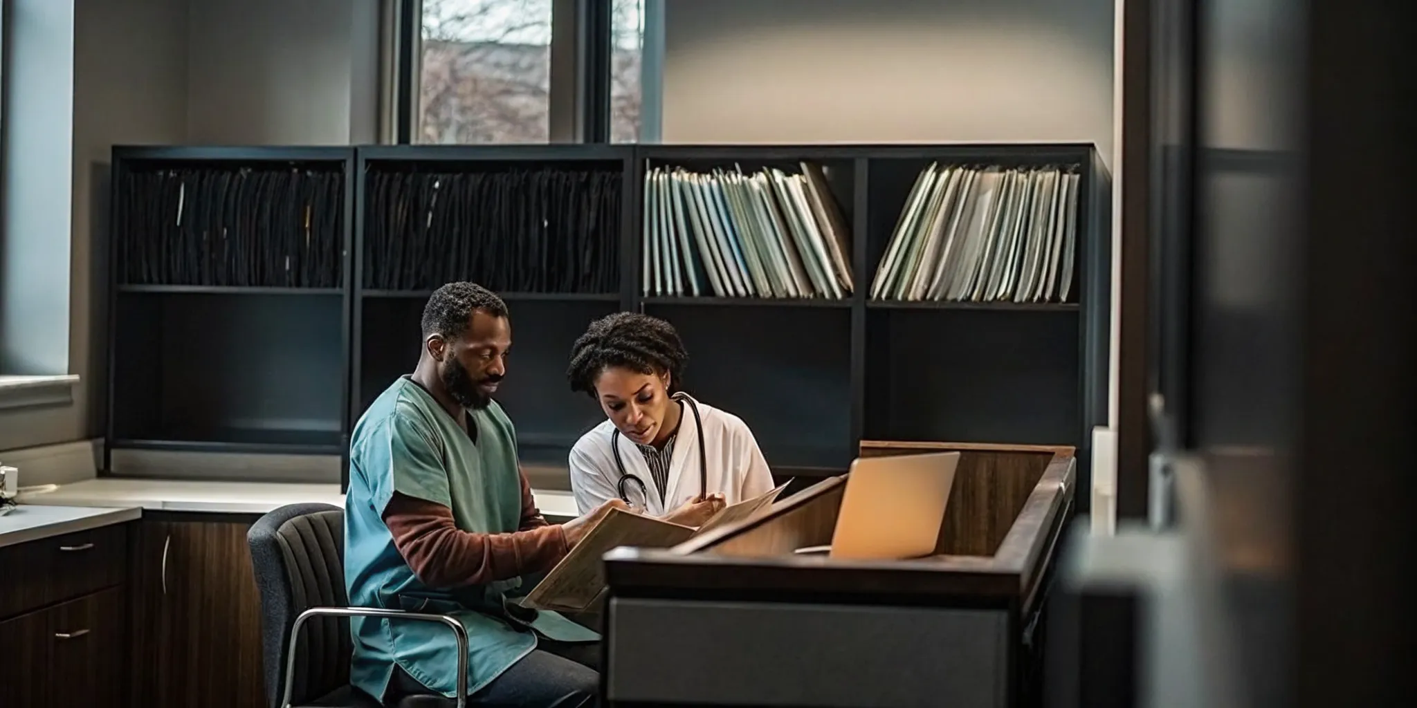 Civil surgeon and patient reviewing Form I-693 vaccine records at a Tampa medical clinic