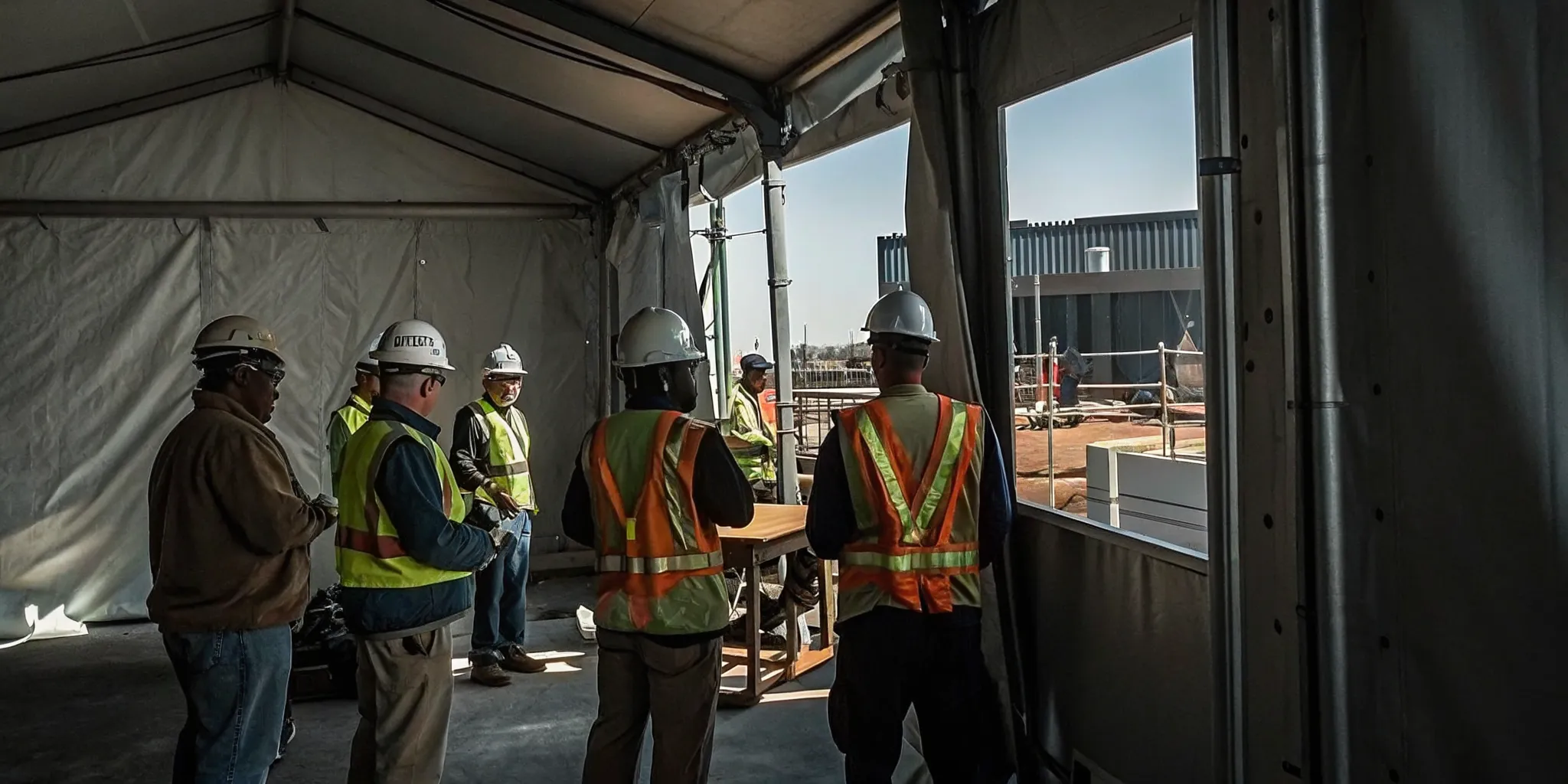 Construction workers and occupational medicine professional at a Tampa worksite health screening