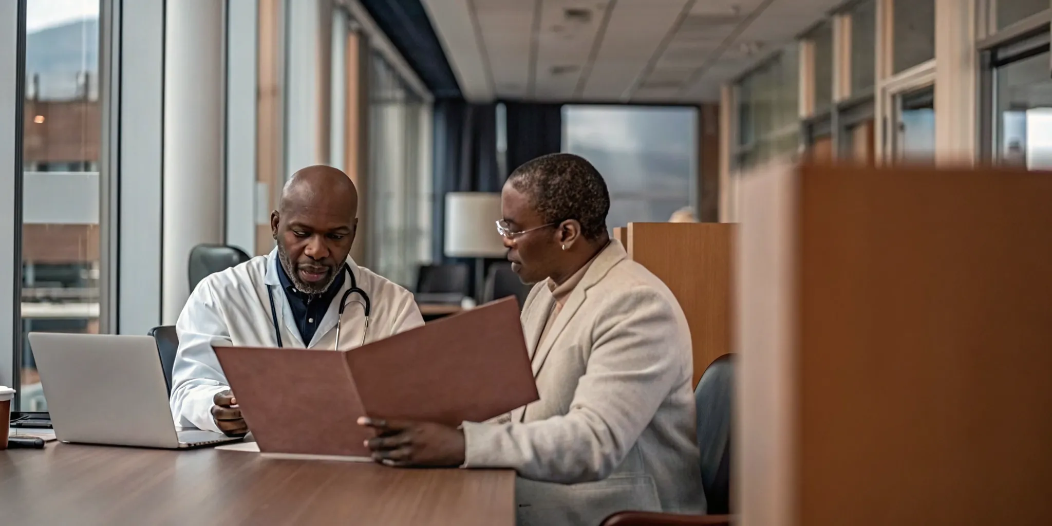 Clinician reviewing occupational health forms with an employer