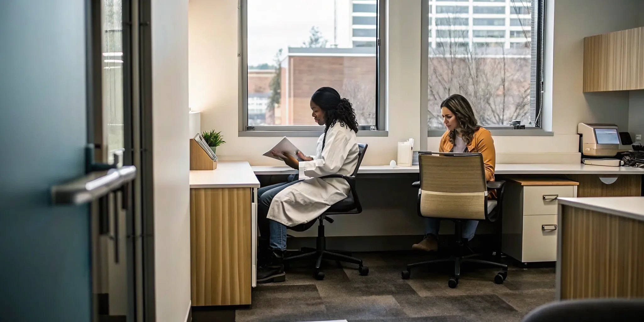 Occupational health physician in a medical office reviewing paperwork with a hiring manager