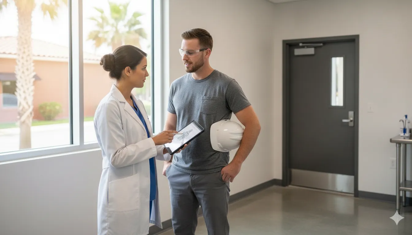 Clinician discussing a job-specific pre-employment physical with a worker in Tampa Bay
