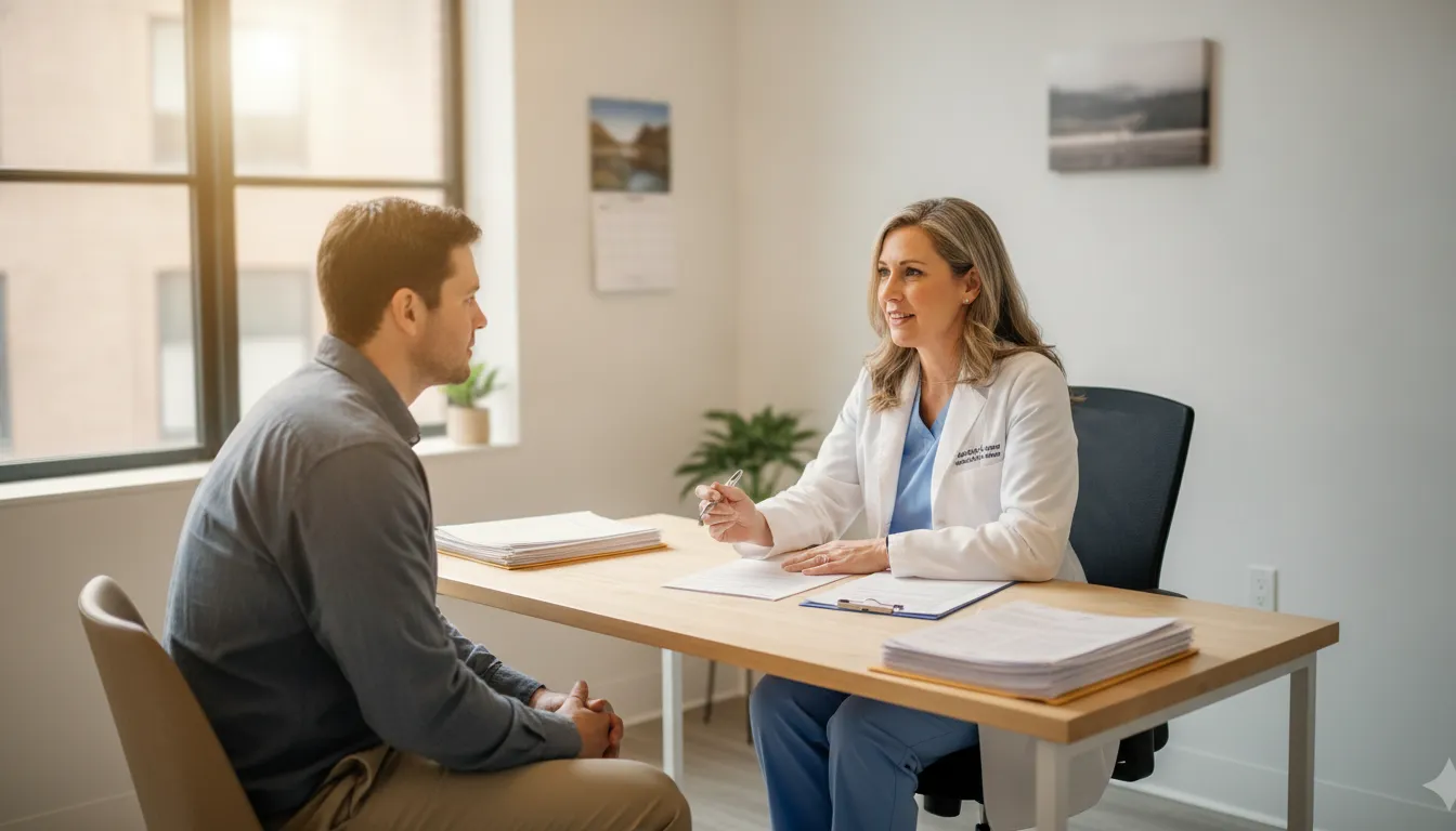 Civil surgeon reviewing Form I-693 paperwork with a patient in a Tampa Bay clinic