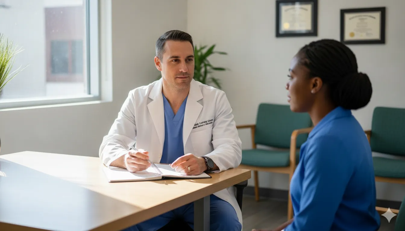 Civil surgeon reviewing records with an immigration applicant in a Tampa Bay clinic