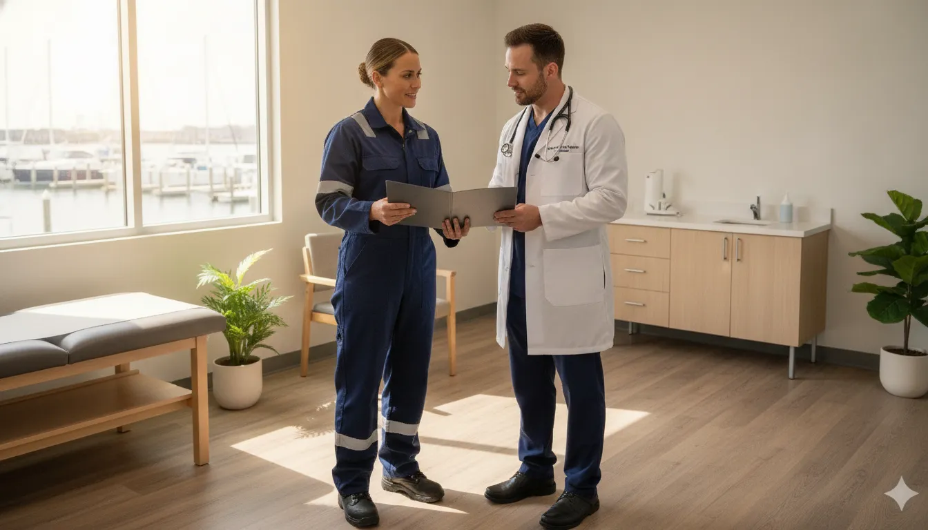 Merchant mariner reviewing medical appointment paperwork with a clinician in a Tampa Bay occupational medicine clinic