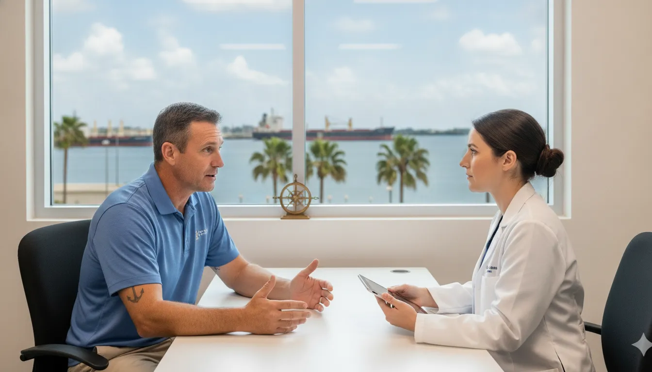 Clinician discussing a merchant mariner medical examination with a patient in a Tampa Bay occupational health clinic