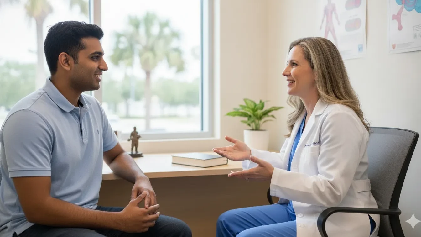 Physician discussing an immigration medical exam with an applicant in a Tampa clinic