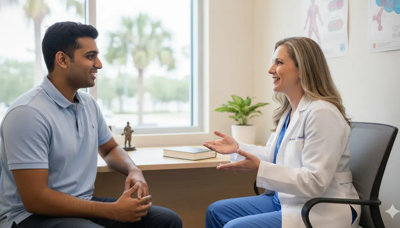 Physician discussing an immigration medical exam with an applicant in a Tampa clinic