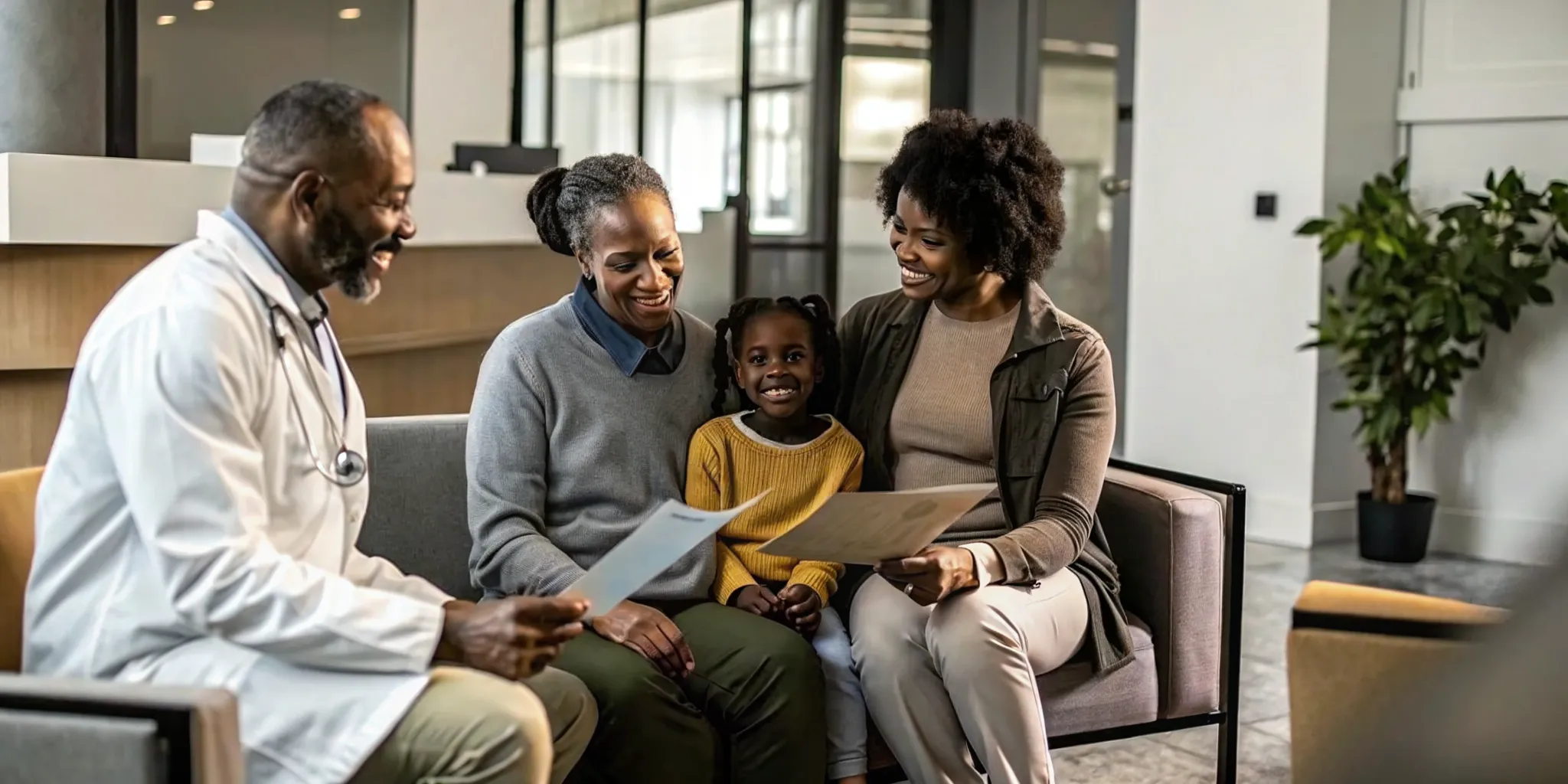 A doctor reviewing paperwork with a multi-generational family in a clean, modern medical office for USCIS medical exams