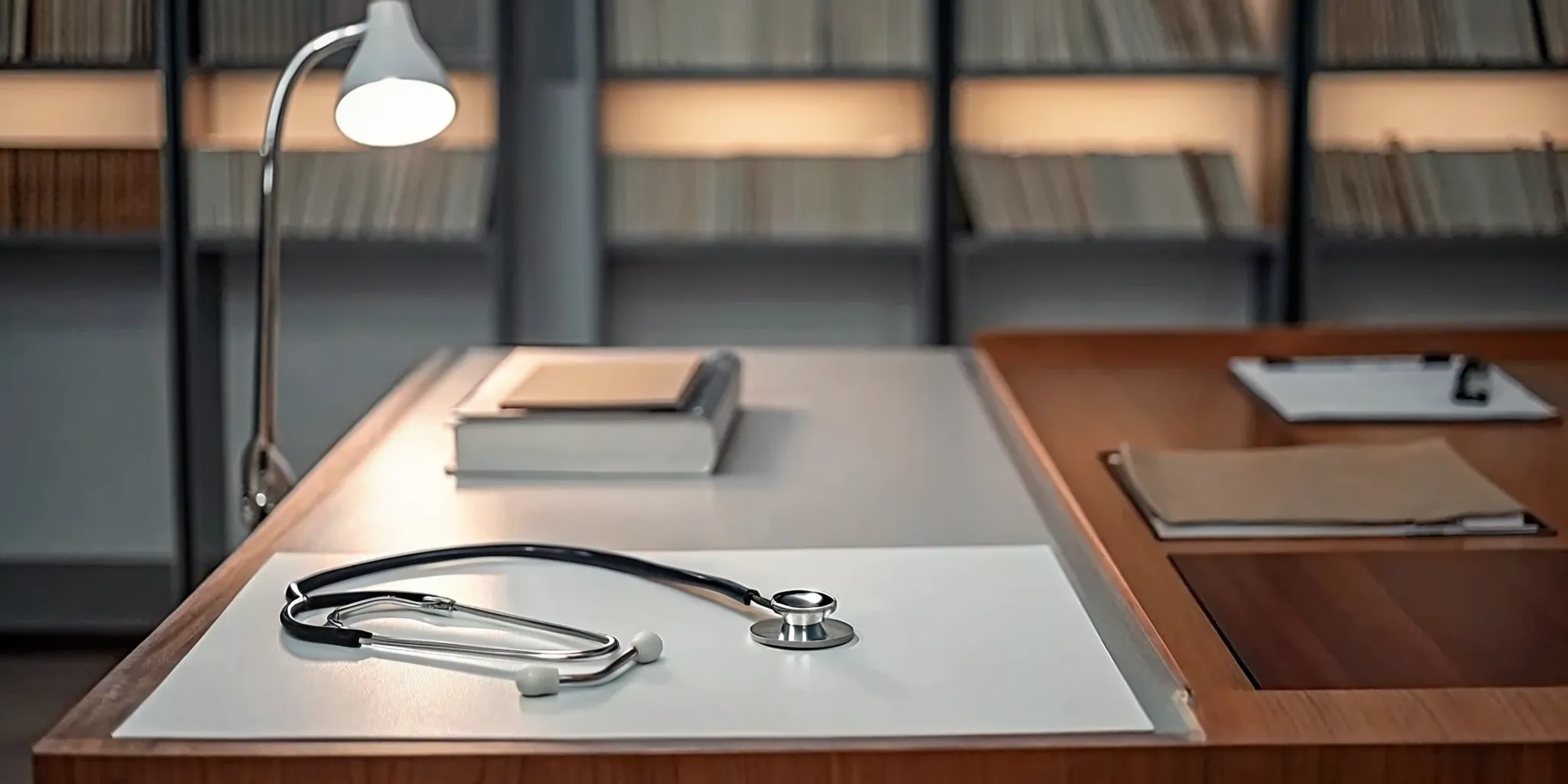 A stethoscope on a desk next to immigration documents and a sealed envelope