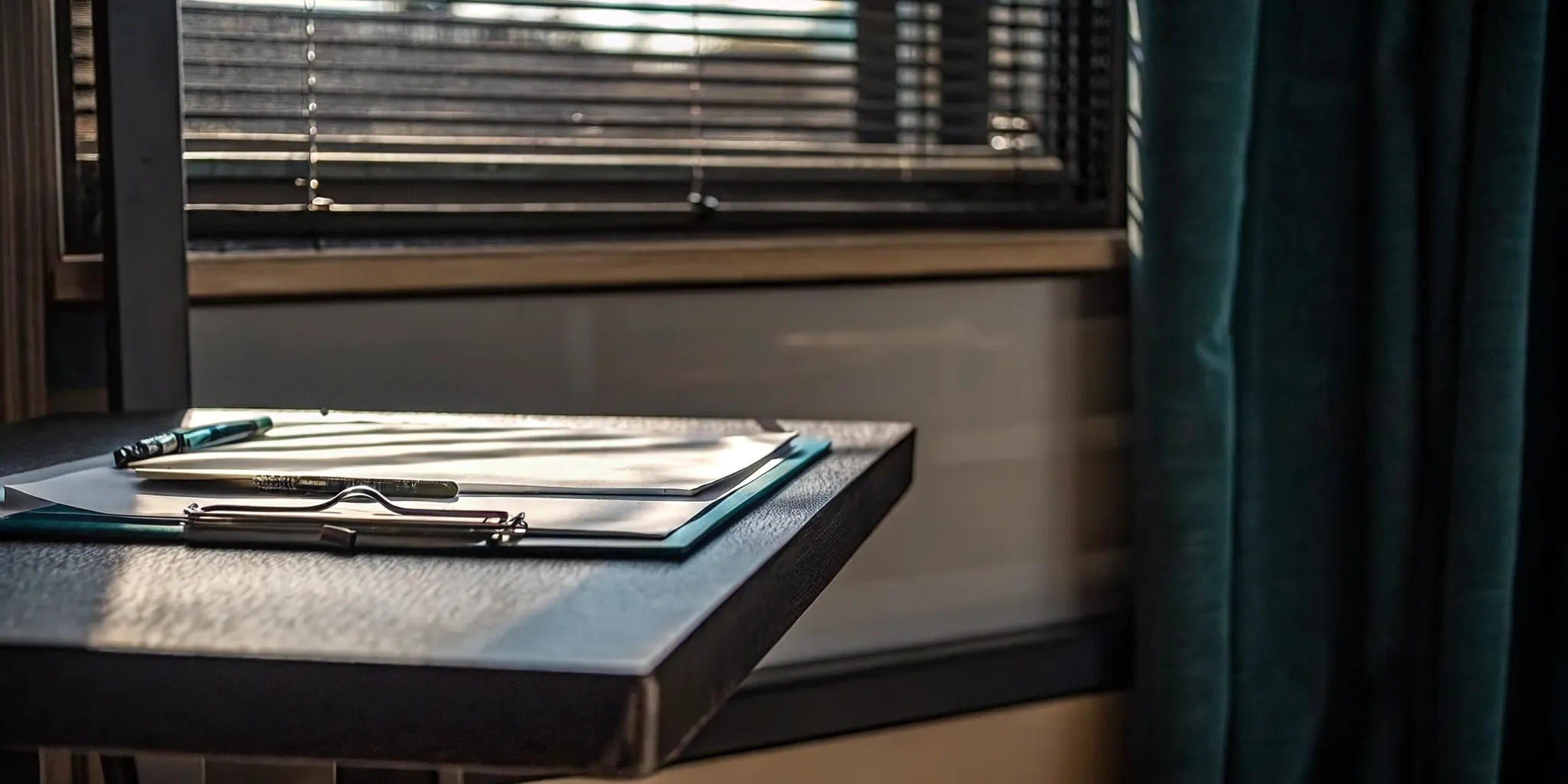 A close-up of a professional DOT medical card MCSA-5876 resting on a clinic table next to a medical clipboard