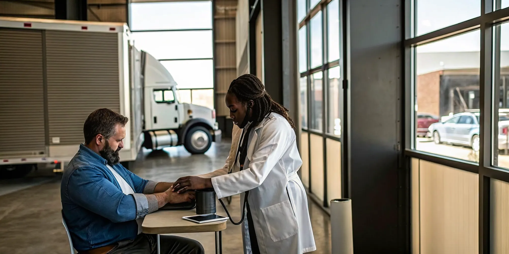 Medical examiner checking a driver's blood pressure for the new DOT physical requirements in 2026.