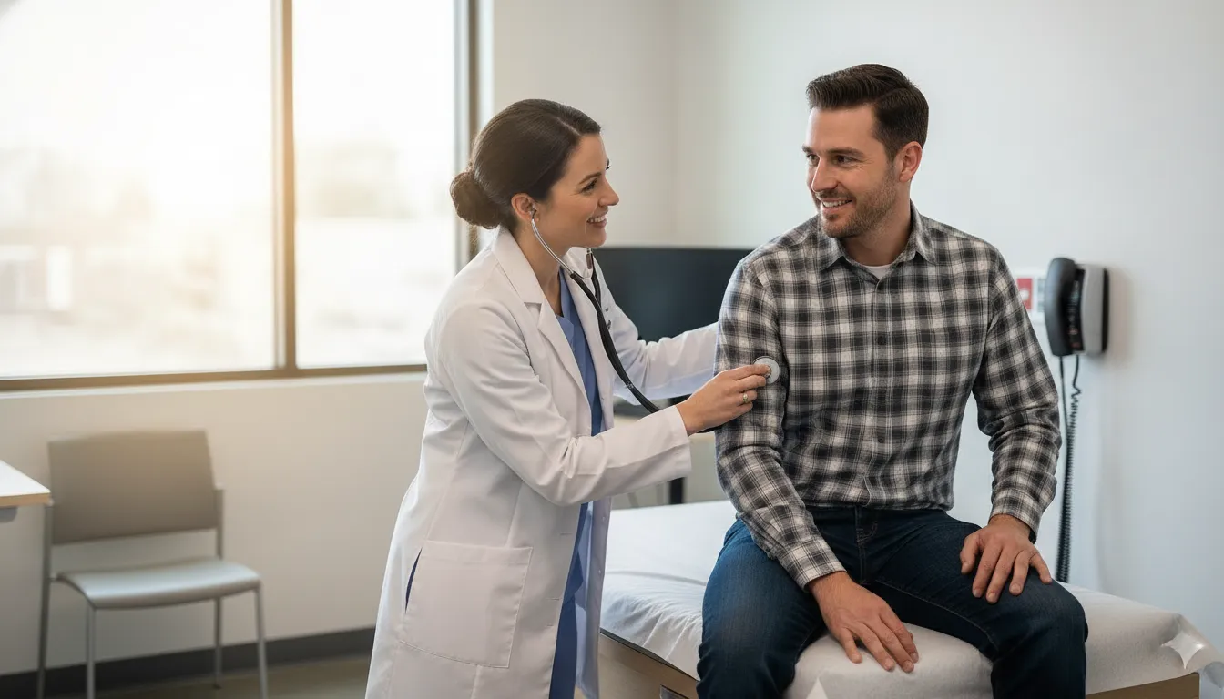 Occupational medicine physician examining a commercial truck driver in a bright Tampa clinic room